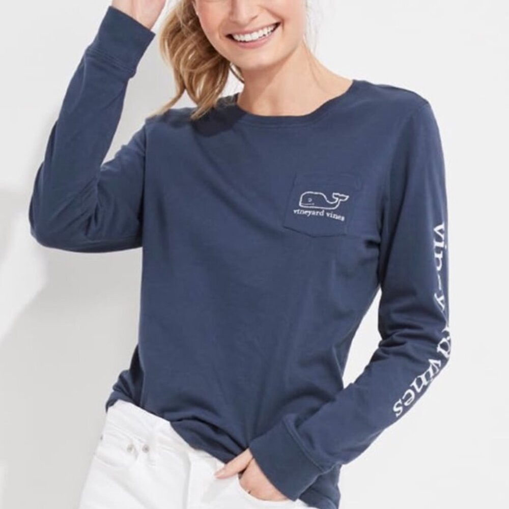 Vineyard Vines Long Sleeve Vintage Whale Pocket Tee Navy Blue Size S